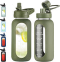 32 oz Glass Water Bottle with Straw and Handle, Sports Motivational Water Flask with Silicone Sleeve, Large Leakproof Water Flask Cup with Time Marker for Travel, Gym, Army Green-Ruum Studio Home