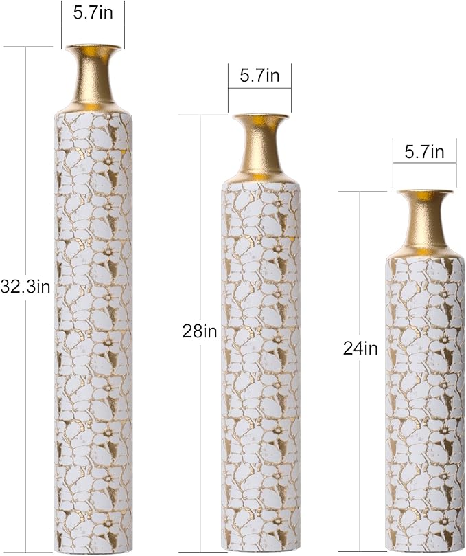 Medhansh Metal Floor Vase, Tall Floor Vase with Gold Twig Pattern, Antique White Finish (Set of 3)-Ruum Studio Home