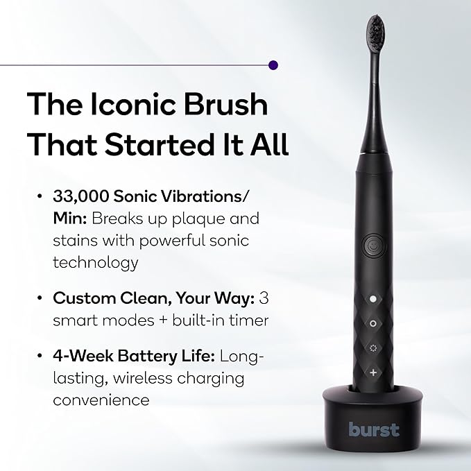 Burst Original Sonic Electric Toothbrush for Adults (Black) | Soft Bristle Deep Clean Stain & Plaque Removal | 3 Modes: Teeth Whitening, Sensitive & Massage-Ruum Studio Home