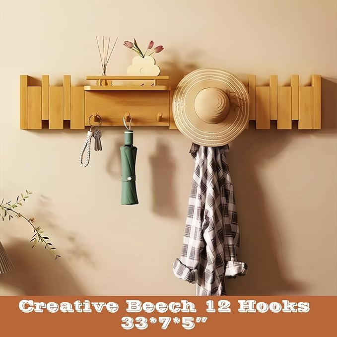 Wall Mounted Piano Key Hanger | Flip Style Hook | Entrance Wall Art Hook, Made of Oak Wood (3 Times Painted, 4 Times Polished) (Fence Beech, 12Hooks)-Ruum Studio Home