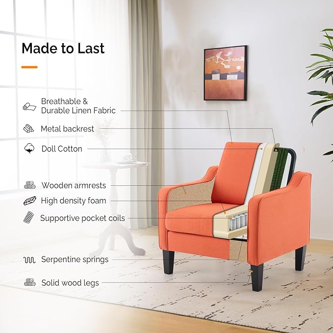 VINGLI Burnt Orange Mid Century Modern Accent Chair for Living Room & Bedroom, Scooped Arm, Upholstered Comfy Chair for Apartment, Waiting Room-Ruum Studio Home