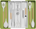 Lifewit Utensil Organizer for Kitchen Drawers, Expandable Cooking Utensil Tray, Adjustable Cutlery Silverware Flatware Holder, Plastic Spatula Tools and Gadgets Storage Divider, Large, Green&White-Ruum Studio Home