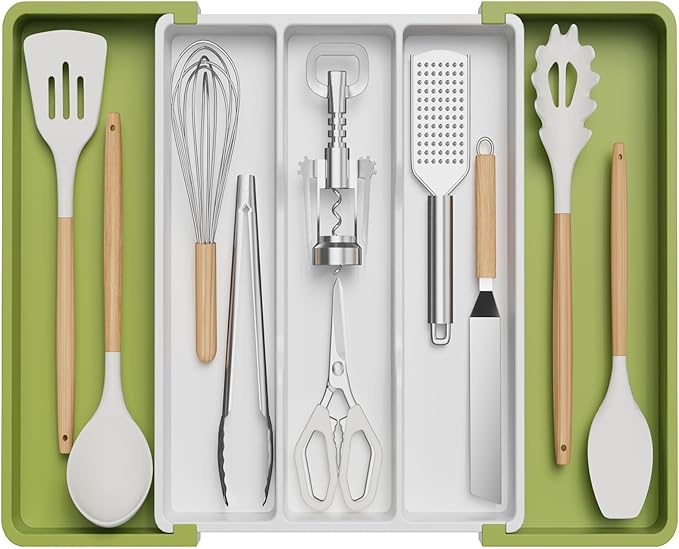 Lifewit Utensil Organizer for Kitchen Drawers, Expandable Cooking Utensil Tray, Adjustable Cutlery Silverware Flatware Holder, Plastic Spatula Tools and Gadgets Storage Divider, Large, Green&White-Ruum Studio Home
