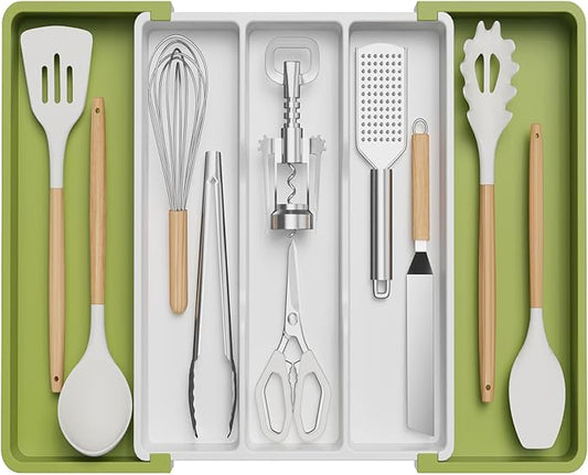 Lifewit Utensil Organizer for Kitchen Drawers, Expandable Cooking Utensil Tray, Adjustable Cutlery Silverware Flatware Holder, Plastic Spatula Tools and Gadgets Storage Divider, Large, Green&White-Ruum Studio Home