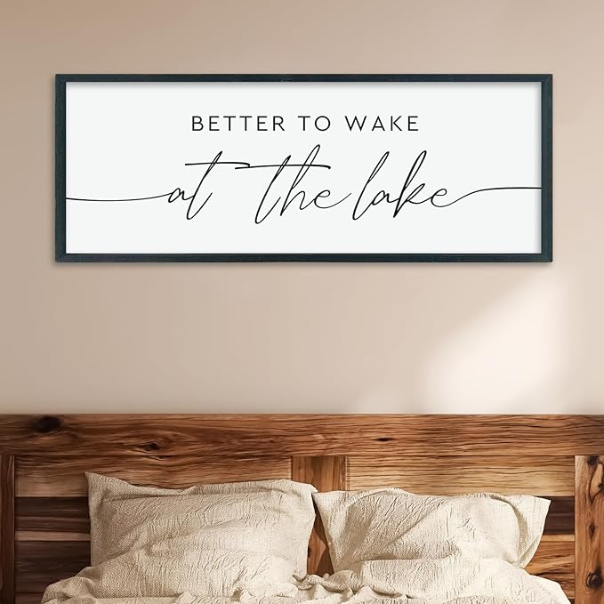 LuZhiQiang Better To Wake At The Lake Above Bed Wall Decor 40"×15" for Lake House Bedroom Over Bed Sign Wood Framed Large Wall Hanging Art (Black)-Ruum Studio Home