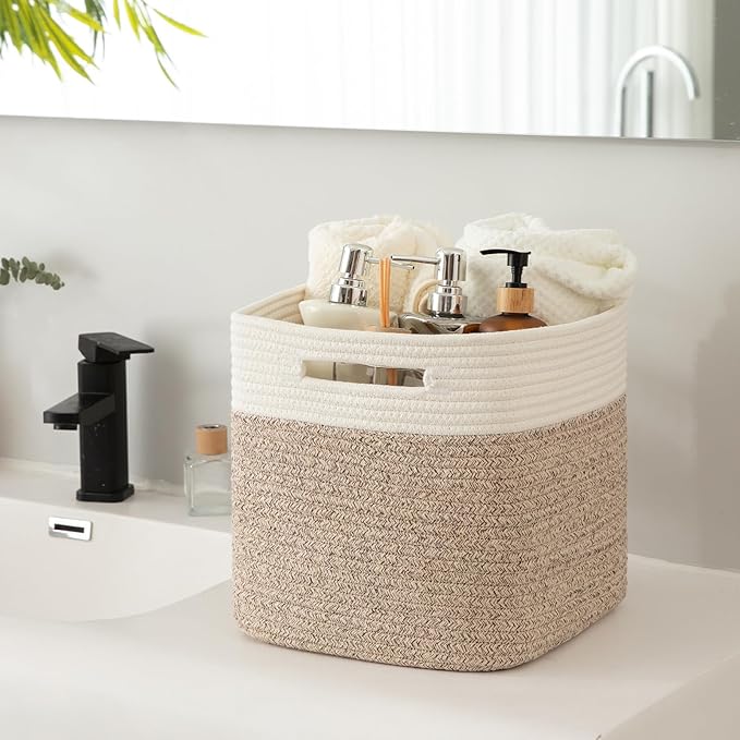 OIAHOMY Cube Storage Basket, 3-Pack Woven Cotton Rope Baskets, 11-Inch Cube Basket with Handles, Great for Shelves, Closets, Children's Toy Organization - White & Brown-Ruum Studio Home