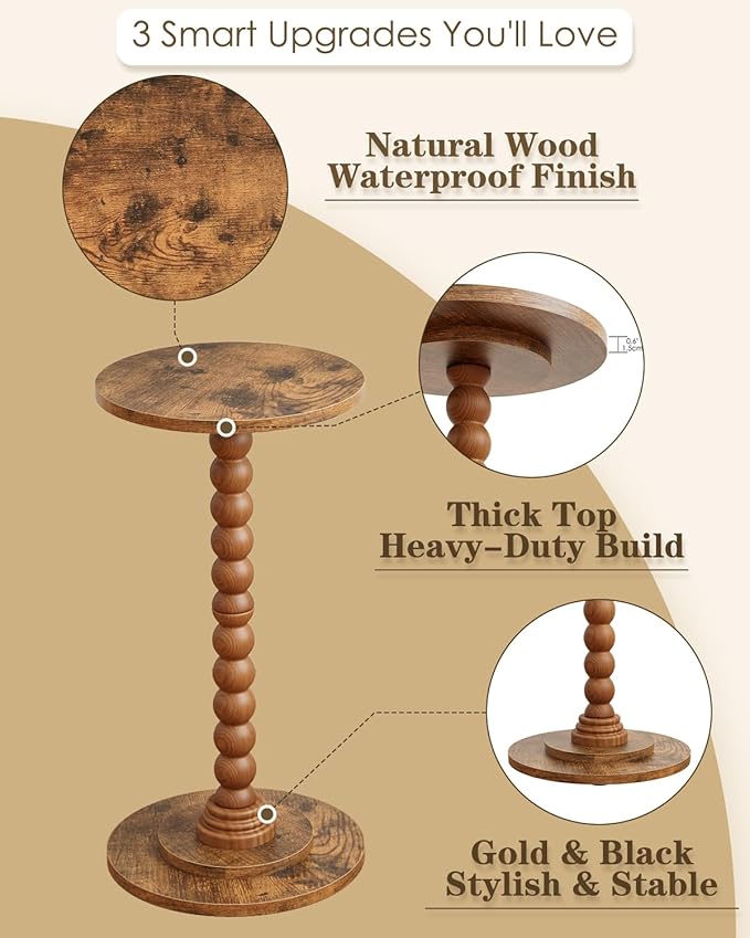 Masupu Round Side Table, Small End Table for Small Spaces, Pedestal Drink Table with Solid Wood Leg for Living Room, Bedroom, Corners(Rustic Brown)-Ruum Studio Home