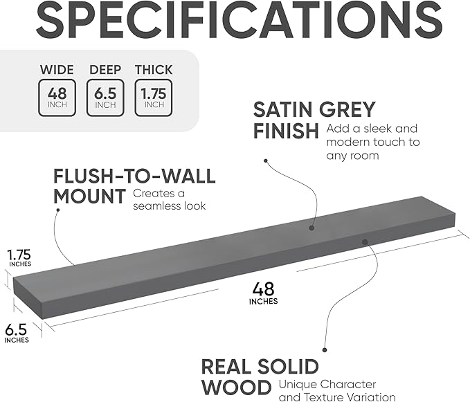 Homeforia Gray Floating Shelf 48 inch, High End Solid Real Wood 48inch Floating Shelves for Wall Mounted, Grey Wooden 48 inches Long Floating Shelves, Heavy Duty Bracket, 48 X 6.5 X 1.75 in, Set of 2-Ruum Studio Home