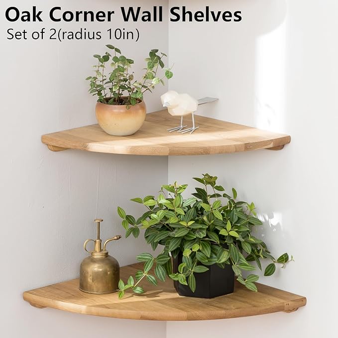 Corner Shelves, Floating Corner Shelf, Set of 2 10inch Solid Oak Wood Corner Wall Shelves, Round End Wall Mount Display Shelf with Wire Hole for Bedroom Kitchen, Living Room-Ruum Studio Home