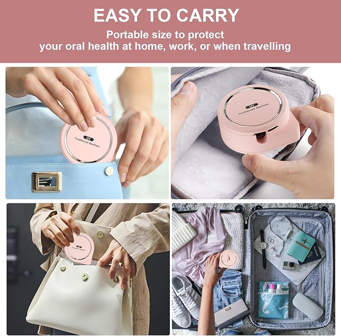 UV Toothbrush Sanitizer Holder, Toothbrush Sanitizer and Holder Cover Caps with Fan Drying, Rechargeable Portable Toothbrush Cleaner Case Fits Most Electric and Manual Toothbrushes (Pink)-Ruum Studio Home