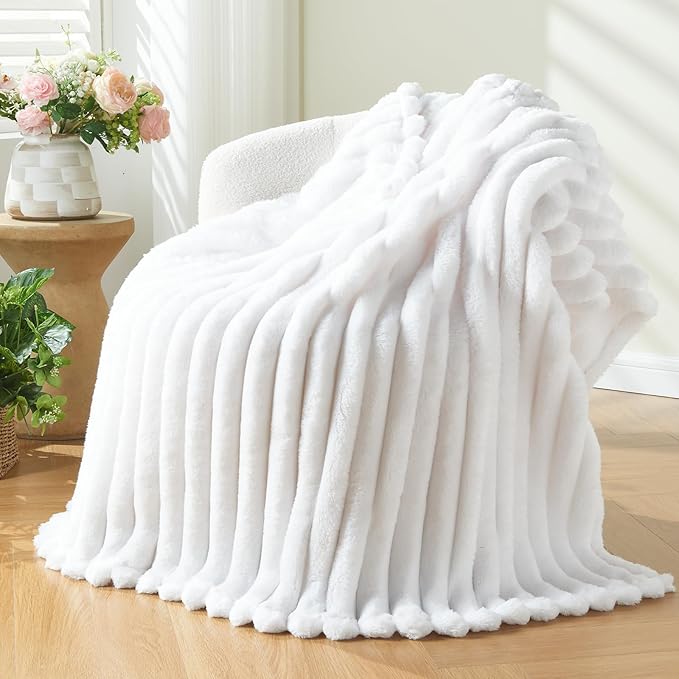 NEWCOSPLAY Super Soft Queen Blanket White Premium Silky Flannel Fleece 3D Ribbed Jacquard Lightweight Bed Blanket All Season Use (White Ribbed, Queen(90"x90"))-Ruum Studio Home