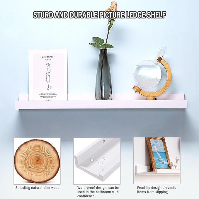 AZSKY White Kids Bookshelf Floating Shelves Wall Mounted 24 Inches Long Nursery Wooden Book Shelves for Toys Storage Picture Ledge Shelf for Living Room Bedroom Decor Books Photo Frames Set of 3-Ruum Studio Home