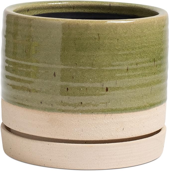 8 Inch Pots for Plants, Ceramic Planter Pot with Drainage Hole & Saucer, Indoor/Outdoor Cylinder Round Planter Pot, Green & Beige-Ruum Studio Home