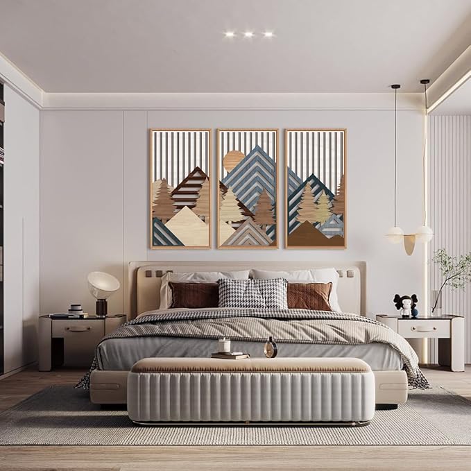 IARTTOP Large Mountain Wood Wall Art 16"x32"x3 Abstract Forest Wall Sculpture Geometric Boho Sunset Wilderness Artwork for Bedroom Living Room Office-Ruum Studio Home