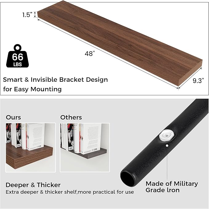 Floating Shelves - 2 Large Wall Mounted Shelves with Invisible Brackets, Long Walnut Wood Floating Wall Shelf for Living Room, Bedroom, Kitchen (48" W x 9" D x 1.5" H)-Ruum Studio Home