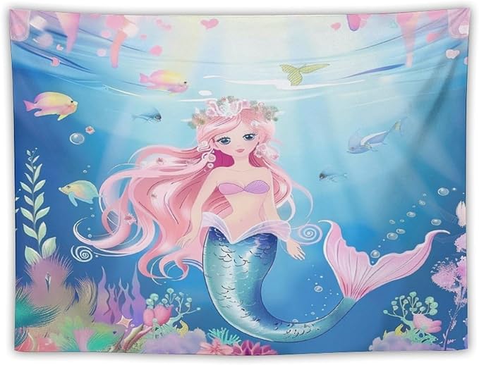 HZOHNAGO Mermaid Girls Tapestry Watercolor Mermaid Princess Pattern Printed Wall Tapestry Wall Hanging for Bedroom Living Room Dorm 40" W x 30" H-Ruum Studio Home