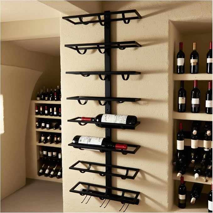 8 Bottle Wall Mount Wine Rack with Wine Glass Holder, Metal Wine Wall Rack, Wall Racks for Wine Bottles Display and Storage, Hanging Bottle Organizer for Living Dining Room Wine Cellar Bar (Black）-Ruum Studio Home