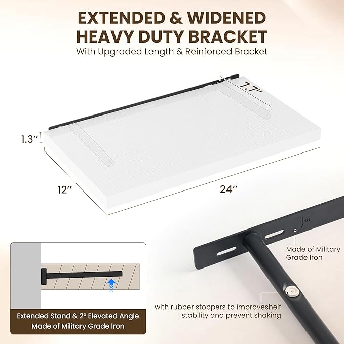 24" Floating Shelves for Wall, 12" Deep Slim White Floating Shelves, Wall-Mounted Shelves for Bedroom, Living Room, Kitchen, Bathroom - Set of 2-Ruum Studio Home