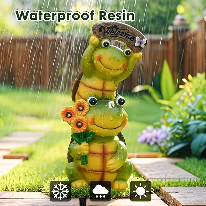 Garden Turtle Outdoor Statues, Solar Garden Statue Two Sweet Frog Face Turtles Decor with 3 LED Lights, Unique Art Resin Gifts for Patio Lawn Porch Yard-Ruum Studio Home