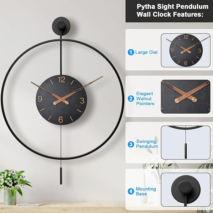 Large Modern Wall Clock,30.7× 20 Inch Big Metal Minimalist Arabic Numeral Dial,Decorative Farmhouse Pendulum Wall Clocks with Walnut Pointers forLiving Room Decor, Office,Dining Room-Ruum Studio Home