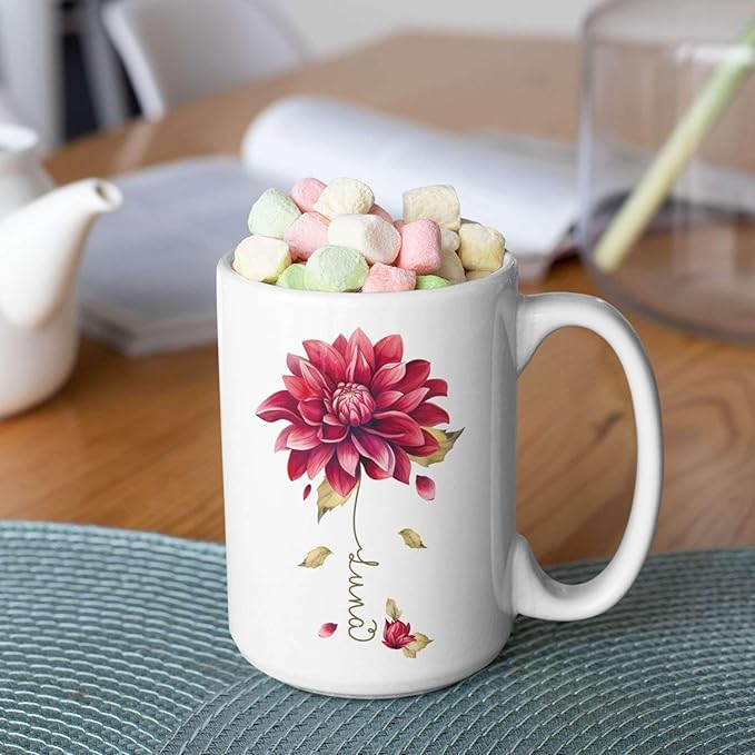 Dahlia Flower Design Coffee Mug, Personalized Name On Red Floral Cup, Custom Ceramic Mug For Flower Lovers, Customized Dahlia Accent Cup 11oz Or 15oz, Floral Decorative Mug Gift-Ruum Studio Home