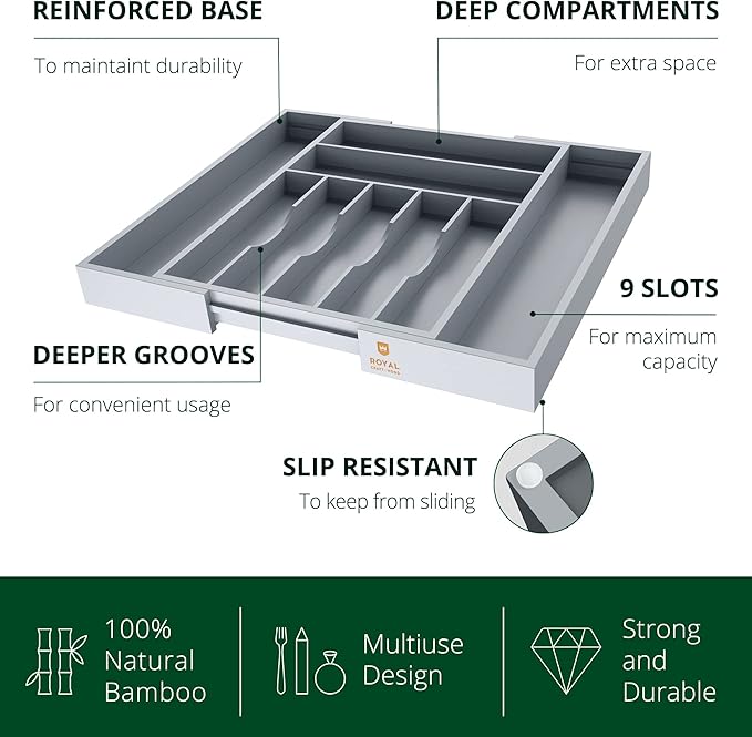 Luxury Bamboo Kitchen Drawer Organizer - Silverware Organizer - Utensil Holder and Cutlery Tray with Grooved Drawer Dividers for Flatware and Kitchen Utensils (9 Slot, Gray)-Ruum Studio Home
