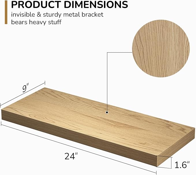 Fun Memories Floating Shelves - 24 Inch Rustic Wooden Wall Shelves - Extra Deeper & Thicker Wall Mounted Storage Shelf for Living Room, Kitchen, Farmhouse - 24" x 9" x 1.6" 2Pack, Oak-Ruum Studio Home