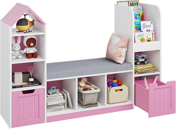 Toy Storage Organizer for Kids Bookshelf with Reading Nook, Multifunctional Kids Bookcase with 7 Storage Cubbies, 2 Movable Drawers and Seat Cushion for Keeping Kids' Toys Books Organized, Pink-Ruum Studio Home