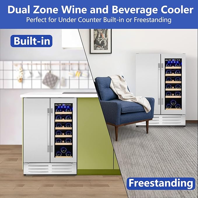 Wine and Beverage Refrigerator,24 Inch Dual Zone Wine Beverage Cooler, Built-in/Freestanding Beer and Wine Fridge with a Powerful Compressor, 20 Bottles and 88 Cans Capacity-Ruum Studio Home