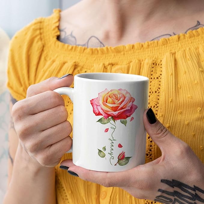 Novelty Rose Accent Cup For Girl, Personalized Rose Flower Coffee Mug 11oz 15oz, Customized Rose Lover Ceramic Cup With Name, Custom Flower Design Mug, Gift For Anniversary-Ruum Studio Home