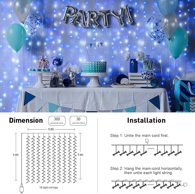 JMEXSUSS 300LED Christmas Curtain Lights Plug in with Remote, Blue and White Christmas Lights Indoor Outdoor, 8 Modes Hanging Fairy String Lights for Bedroom Window Wall Yard Patio Decor, 9.8x9.8ft-Ruum Studio Home