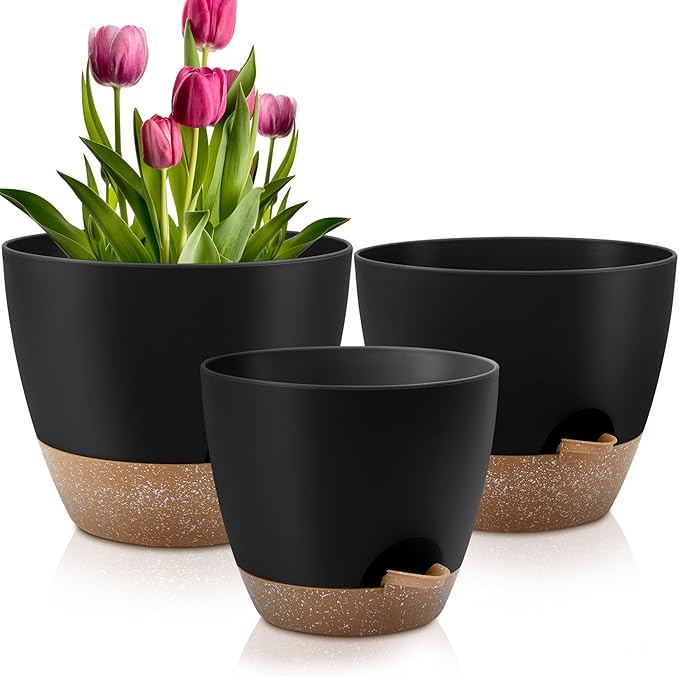 Plant Pots 12/10/9 Inch Self Watering Pots, Set of 3 Plastic Planters with Drainage Holes and Saucers,Plastic Flower Pots,Nursery Planting Pot for Indoor Out Door Plants(Black)-Ruum Studio Home