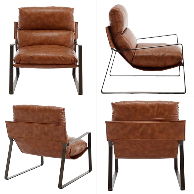 DUOMAY Mid-Century Accent Chair Armchair, Comfy PU Leather Leisure Chair Lazy Chair with Brozen Metal Leg for Living Room Bedroom Office Apartment, Brown-Ruum Studio Home