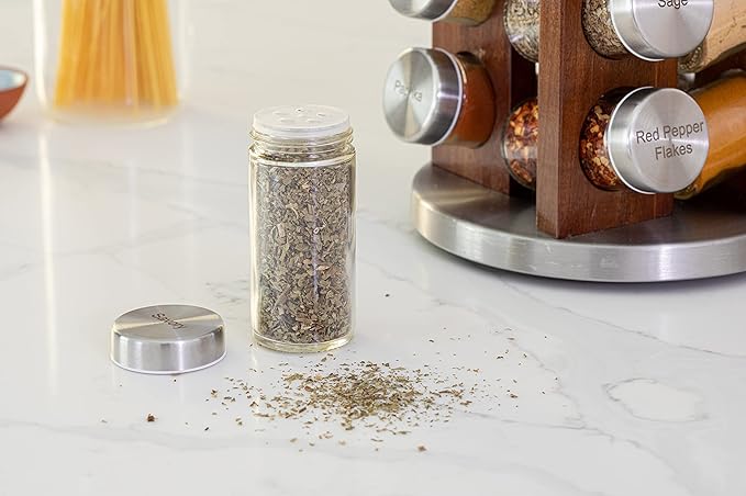 Orii 20 Jar Dark Acacia Wood Spice Rack with Spices Included - Rotating Tower Organizer for Kitchen Spices and Seasonings, (Dark Stained Acacia Wood)-Ruum Studio Home