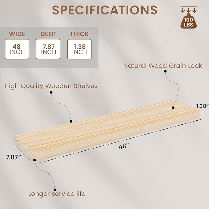 Light Wood Floating Shelves 48 Inch, 8 in Deep Single Book Shelf Floating for Wall Mounted, Heavy Duty Shelf Hold 100 lbs, Unfinished Wall Shelves for Bathroom, Living Room, Kitchen, Bedroom, Office-Ruum Studio Home