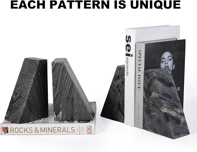 Marble Bookends for Heavy Books, Decorative Book Ends for Shelves, Titanium Black Stone Durable and Heavy-Duty Book Ends for Hardback Books & CDS, Unique Book Stopper & Holder, Set of 2-Ruum Studio Home