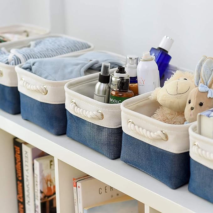 TheWarmHome Storage Basket for Organizing - Small 12x8x5.2 inch 6 Pack Collapsible Storage Bin for Shelves, Canves Storage Cubes for Organizer Cloth Box Gift Toys Closet (White & Jean Blue)-Ruum Studio Home