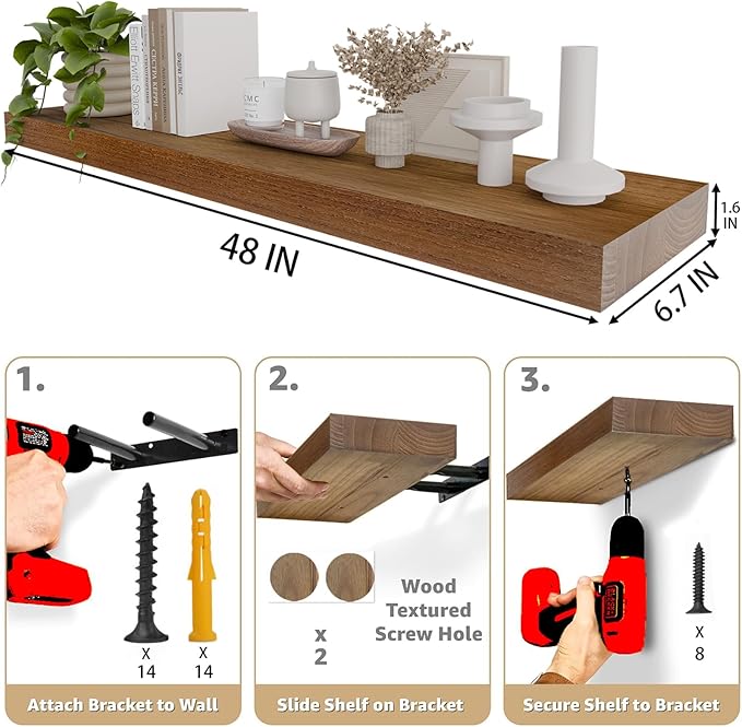 IAE Walnut Floating Wall Shelves 48 inch, Bathroom Shelves Wall Mounted,Invisible Shelves Floating Kitchen Shelves,Wooden Wall Shelves with Brackets for Living Room Wall Mounted,Easy Install,Set of 2-Ruum Studio Home