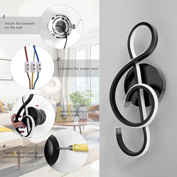 XEYOU 22W Modern Wall Sconce Lighting Indoor LED Creative Wall Light Fixture Music Symbol Art Decoration Wall Lamp for Living Room Bedroom Stair Corridor (Black 6000Kelvin)-Ruum Studio Home
