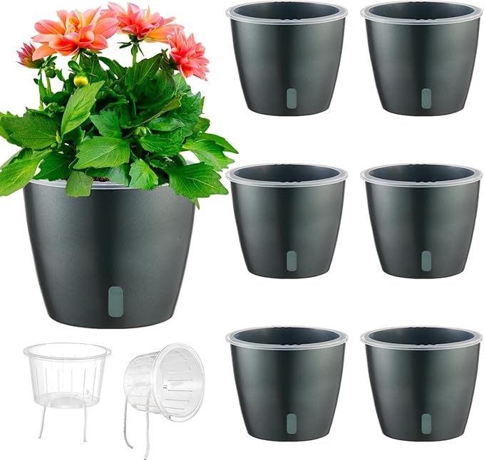 Self Watering Pots for Indoor Plants, 6-Pack 6.7'' Self Watering Planter with Drainage Holes, Small African Violet Pots with Water Indicator, Clear Wick Orchid Pot, Grey-Ruum Studio Home