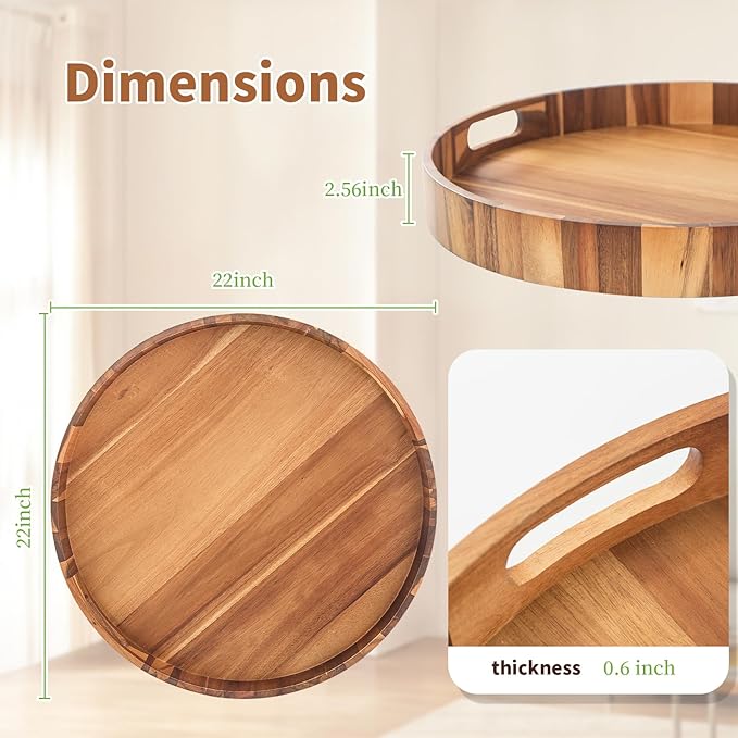 Large Ottoman Tray, 22" Big Ottoman Tray for Living Room, Large Serving Tray with Handles for Coffee Table Kitchen Counter,Great Round Wooden Trays with 4 Round Coasters for Appetizers, Dinner-Ruum Studio Home