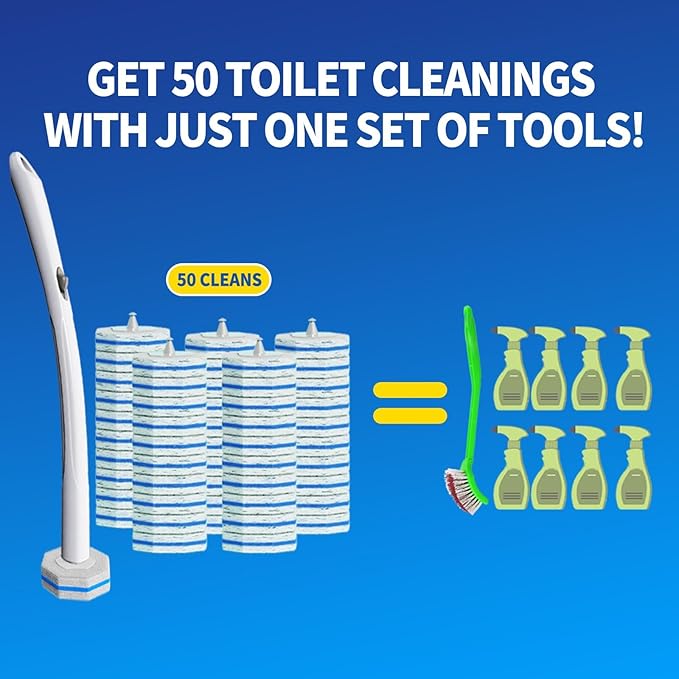 Disposable Toilet Brush Cleaning System with 50pcs Refills Pads Replacement Heads, Toilet Cleaning Stick, Wall Mounted Toliet Wand Kit Bathroom Maintenance, Toilet Bowl Cleaner Wands Holder and Set-Ruum Studio Home