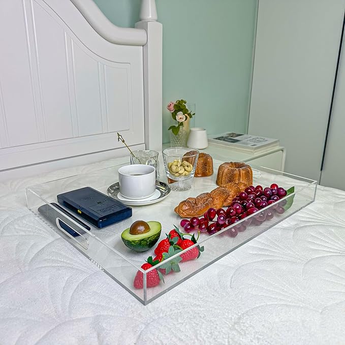 Clear Rectangular 16x20 Inches Acrylic Ottoman Tray Decorative Serving Tray with Cutout Handles Organizer Tray on Coffee Table Countertop Big Breakfast Bed Tray Living Room Appetizer Serving Food-Ruum Studio Home