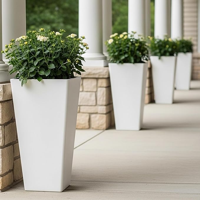 WORTH Garden Large 28 in.Tall Planters Set of 2 for Indoor and Outdoor, Heavy Duty Plastic White Modern Taper Flower Plant Pots with Drainage Hole and Dual-Purpose Tray for Front Porch, Patio-Ruum Studio Home