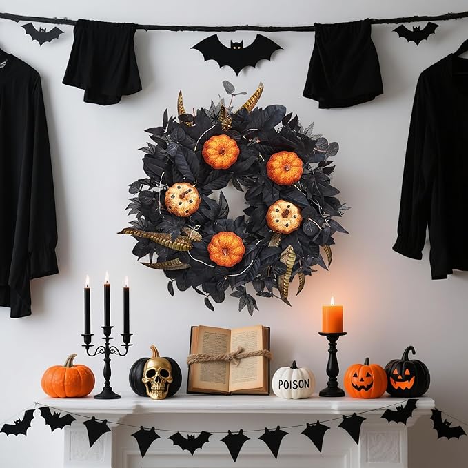 GarveeHome Halloween Wreath for Front Door, 18 Inch Fall Wreath with Pumpkins and Maple Leaves for Indoor Outdoor Wall Window Porch Patio Garden Farmhouse Home Party Prom Decoration-Ruum Studio Home
