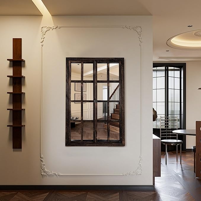 Wall Mirror with Window Design, 38"x26" Rustic Farmhouse Wood Mirror for Wall Decor, Decorative Vintage Mirror for Living Room, Bedroom, Entryway-Ruum Studio Home