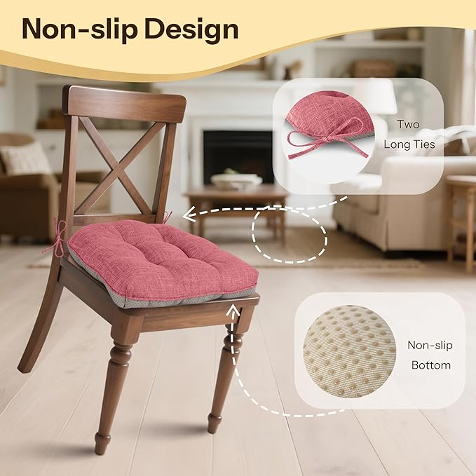 Non Slip Chair Cushions for Dining Chairs Set of 4 Kitchen Chair Cushions 18"x18"x3" Turfted Chair Pads Comfortable and Soft Seat Cushion with Ties (Pink)-Ruum Studio Home