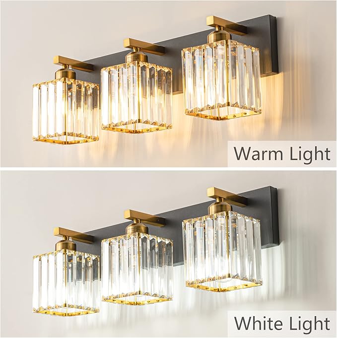 Modern Bathroom Vanity Light 3-Lights Black Gold Crystal Bathroom Wall Light Vanity Light Fixtures，20.47-inch Modern Minimalist Design-Ruum Studio Home