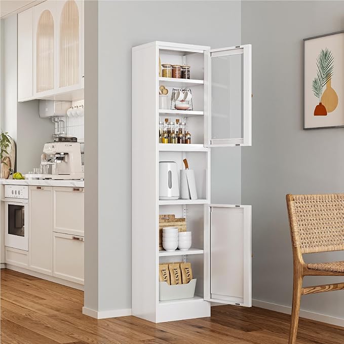 67" Tall Bathroom Storage Cabinet, Narrow Metal Floor Cabinet with Glass Door and Adjustable Shelves, Freestanding Metal Locker for Laundry, Kitchen, Dining Room-Ruum Studio Home