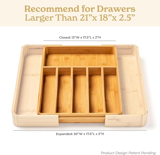 SMIRLY Silverware Drawer Organizer – Bamboo Kitchen Drawer Organizer, Adjustable Utensil Holder and Cutlery Tray, Drawer Dividers for Flatware and Kitchen Utensils-Ruum Studio Home